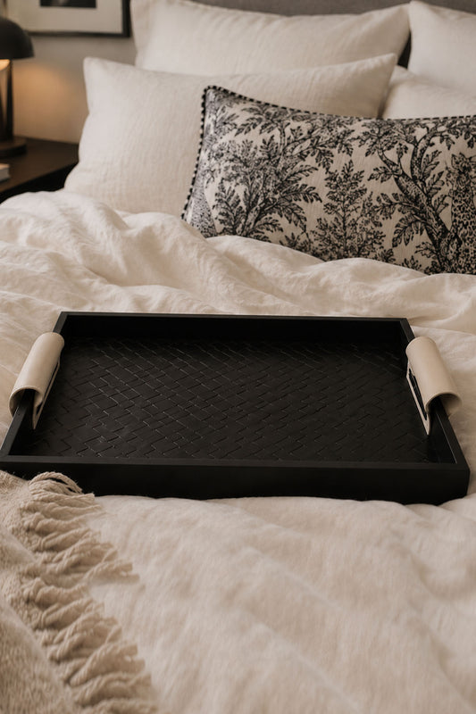 Textured Leather Wooden Tray
